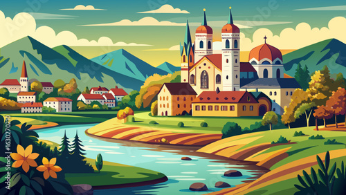 A summer view of Munich glows near St. Maximilian Church, where sunlight touches red rooftops. The Isar flows beside green trees, creating a peaceful semi-realistic vector with vibrant textures.