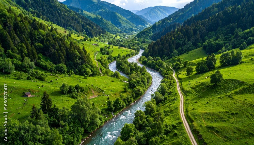 Fototapeta premium aerial view of winding river through lush green valley