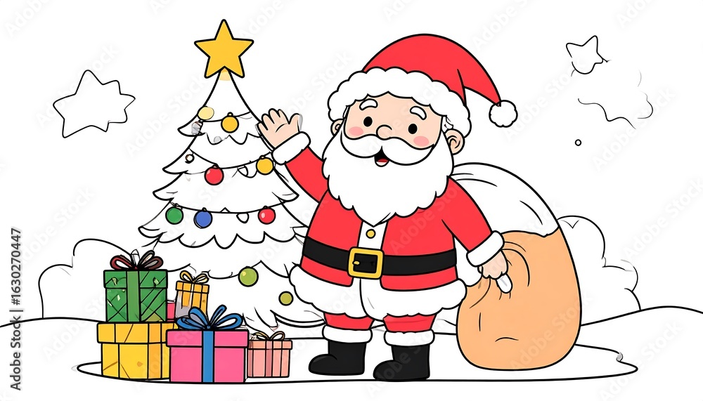 Obraz premium Cheerful Santa Claus waves near a decorated Christmas tree and gifts