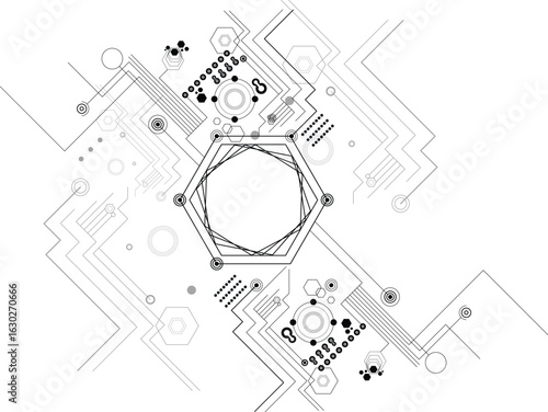 A geometric, abstract digital illustration featuring a central hexagon surrounded by circuit-like patterns and technological motifs.
