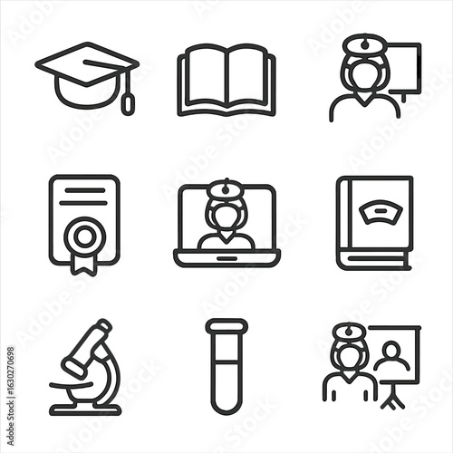 Nurse Education Icons. Outline icon set of nurse education and training: graduation cap, book, lecture, certificate, computer,