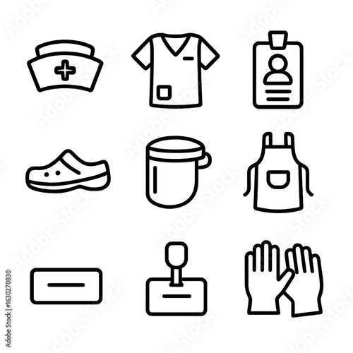 Nurse Uniform Icons. Outline icon set of nurse uniforms and badges: nurse cap, scrubs, ID badge, medical shoes, face shield, apron
