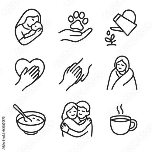 Nurturing Care Icons. Outline icon set of nurturing care: mother holding baby, pet paw in hand, watering plant, hand on heart,