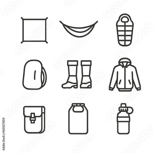 Nylon Gear Icons. Outline icon set of nylon outdoor gear: nylon tarp, nylon hammock, nylon sleeping bag, nylon rain cover, nylon