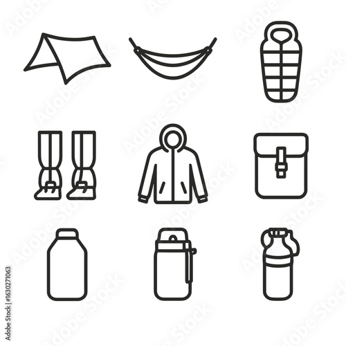 Nylon Gear Icons. Outline icon set of nylon outdoor gear: nylon tarp, nylon hammock, nylon sleeping bag, nylon rain cover, nylon