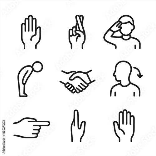 Oath Gesture Icons. Outline icon set of oath gestures: raised hand, crossed fingers, hand on heart, salute, bow, handshake, nod,