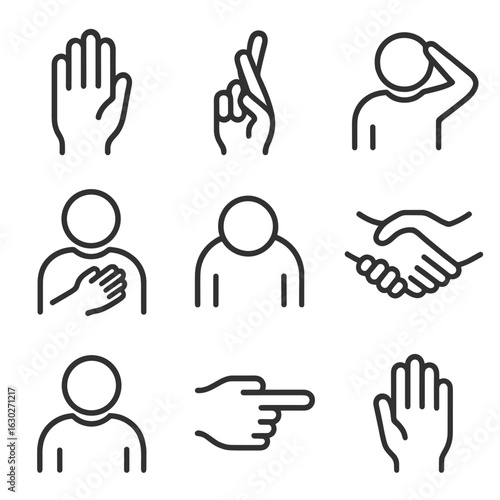 Oath Gesture Icons. Outline icon set of oath gestures: raised hand, crossed fingers, hand on heart, salute, bow, handshake, nod,