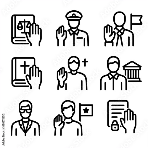 Oath Icon Set. Outline icon set of oath types: legal, military, political, medical, religious, civil service, professional,
