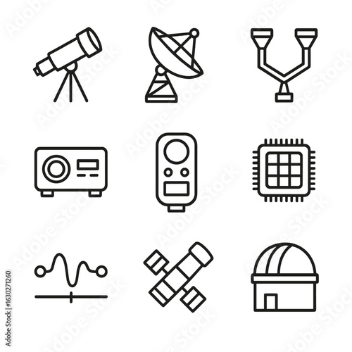 Observatory Instrument Icons. Outline icon set of observatory instruments: optical telescope, radio telescope, interferometer,