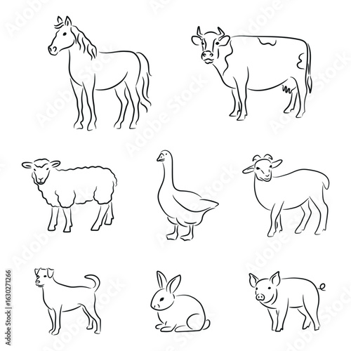 Set of farm animals in line art style including horse, cow, sheep, goat, goose, pig, rabbit, and dog, vector illustration