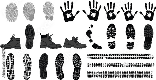 Forensic vector set with fingerprint, handprint, shoe sole, footprint, tire track, and boot silhouette for crime investigation