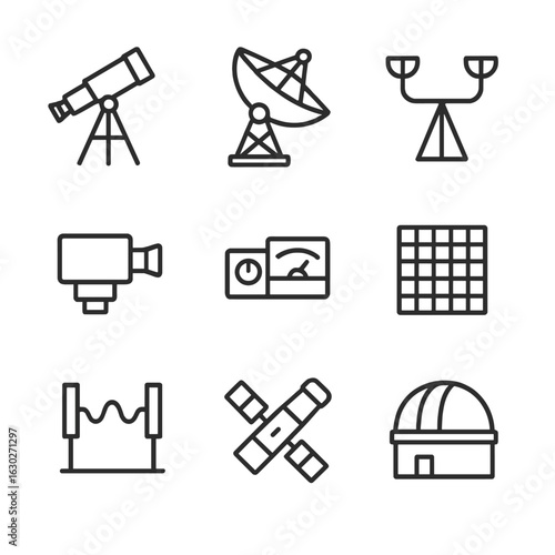 Observatory Instrument Icons. Outline icon set of observatory instruments: optical telescope, radio telescope, interferometer,