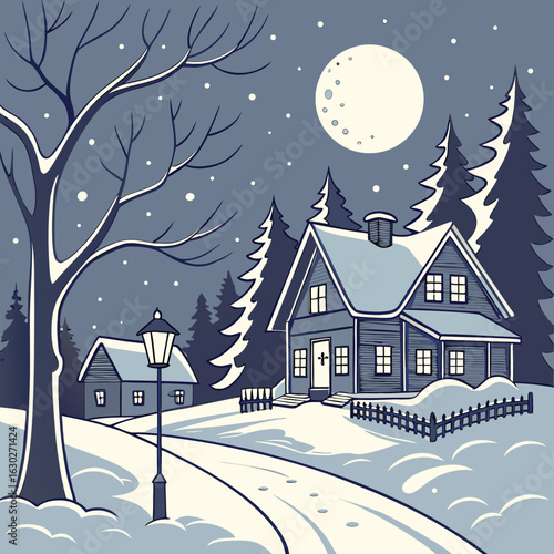 winter landscape with house hygge vibes, winter escape, winter cabin, frosty days, ski season, snow trails, knitted wear, festive lights, snow dust, cozy moments, snowy mountain, polar vibes, chilly b