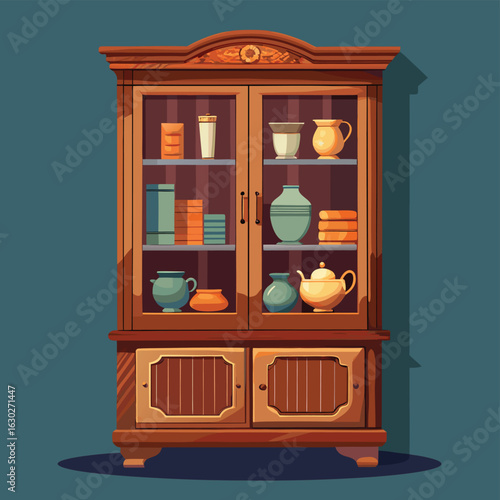 Vintage wooden china cabinet illustration with detailed wood grain