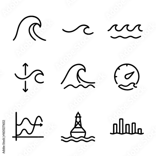 Ocean Wave Icons. Outline icon set of ocean waveforms: wave crest, wave trough, swell pattern, tide curve, rogue wave icon, wave