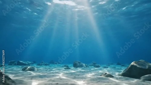 Sunlight Rays Shining Underwater on Rocky Ocean Floor in Clear Blue Sea