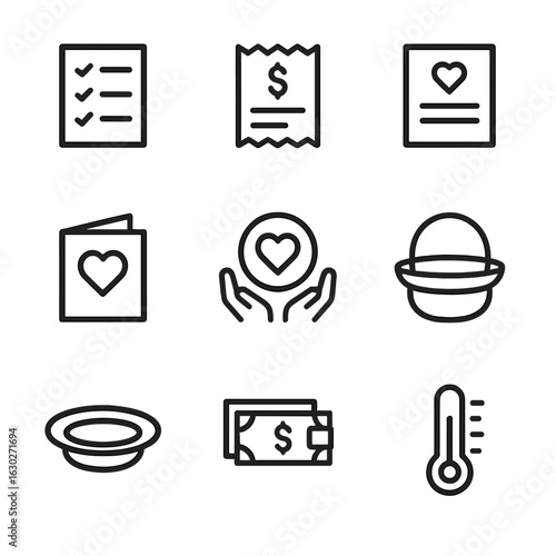 Offering Plate Icons. Outline icon set of offering plate related objects: collection list, donation receipt, pledge card, thank
