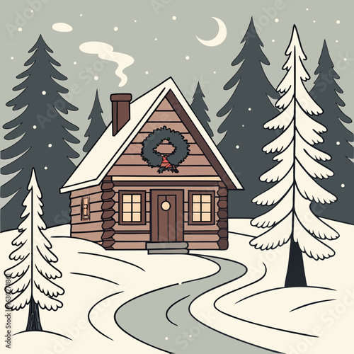 winter landscape with house hygge vibes, winter escape, winter cabin, frosty days, ski season, snow trails, knitted wear, festive lights, snow dust, cozy moments, snowy mountain, polar vibes, chilly b