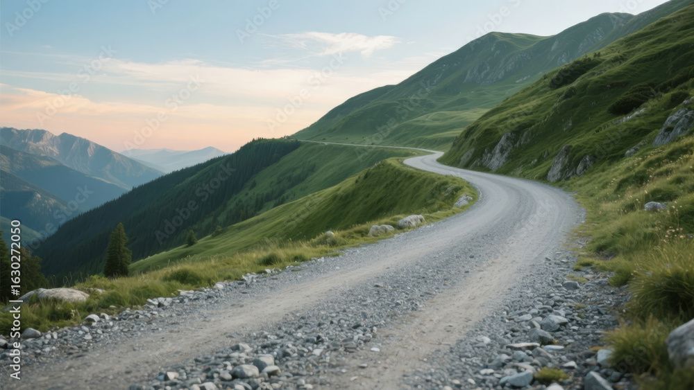 Fototapeta premium Winding Gravel Road Through Lush Mountain Landscape