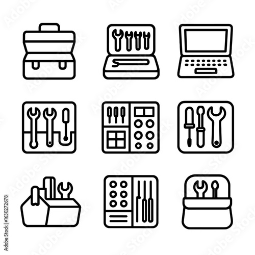 Open Tool Icons. Outline icon set of open tools and equipment: open toolbox, open wrench set, open laptop case, open toolkit, open