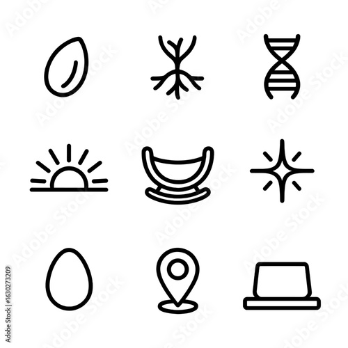 Origin Concept Icons. Outline icon set of origin concepts: seed, root, DNA helix, sunrise, cradle, spark, egg, birthplace,