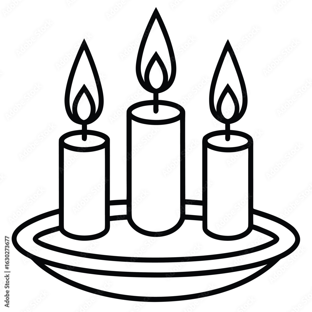 Obraz premium Vector art of three burning candles on a plate, isolated on white background