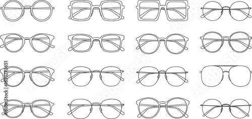 Stylish eyeglass frames vector collection, outline illustration of modern spectacles, trendy unisex eyewear designs for fashion, accessory, branding projects