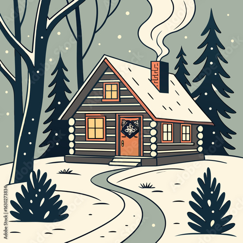 winter landscape with house hygge vibes, winter escape, winter cabin, frosty days, ski season, snow trails, knitted wear, festive lights, snow dust, cozy moments, snowy mountain, polar vibes, chilly b