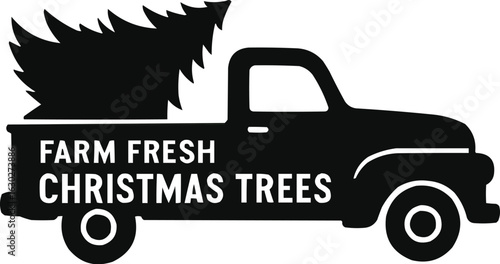 silhouette vector  of a vintage pickup truck carrying a Christmas tree