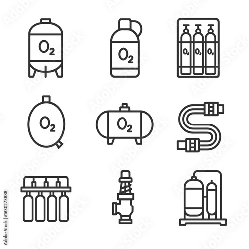 Oxygen Storage Icon Set. Outline icon set of oxygen storage solutions: cryogenic tank, Dewar flask, gas cylinder rack, gas bag,
