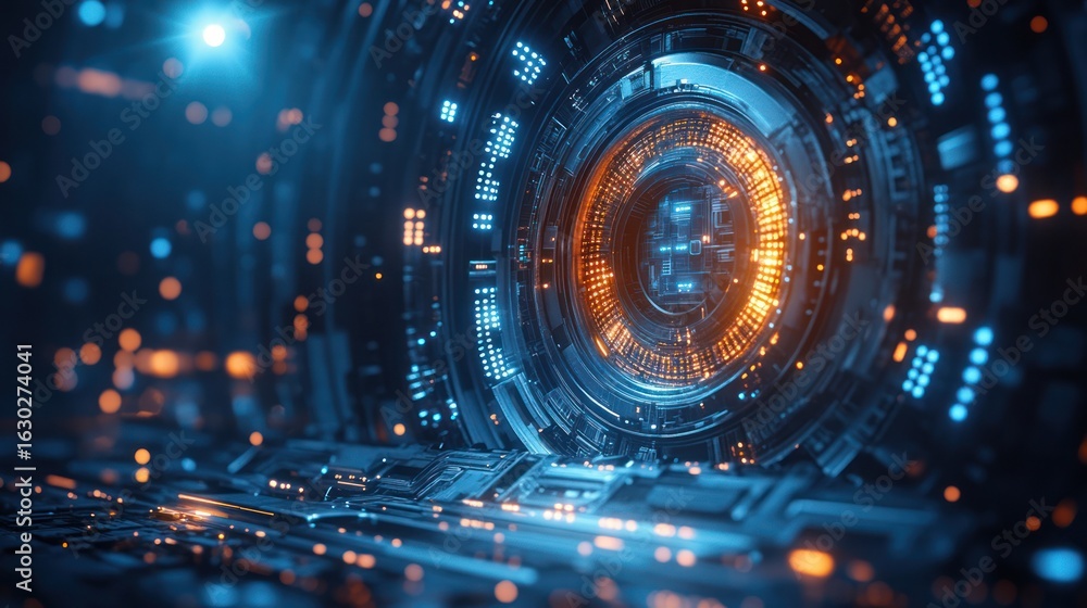 Obraz premium Futuristic, glowing, technological tunnel
