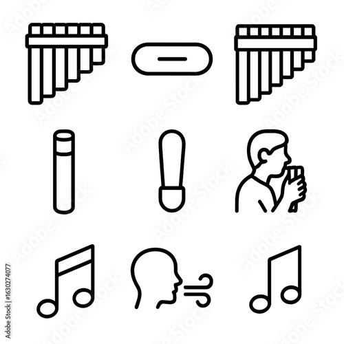 Pan Flute Icon Set. Outline icon set of pan flute instrument: flute pipe, mouthpiece outline, pan flute set, tuning cork, bamboo