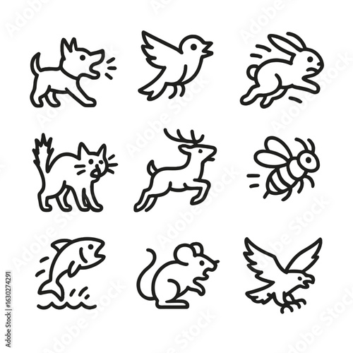 Panic Animal Icons. Outline icon set of panic animals: barking dog, flying bird, running rabbit, startled cat, fleeing deer,