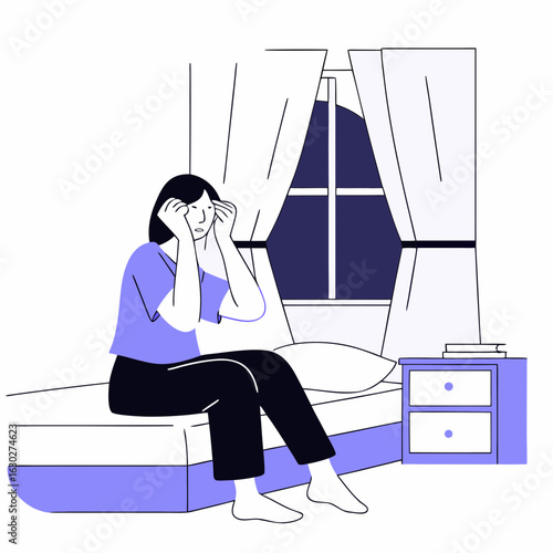 Illustration of a woman with headache, stress, anxiety, and insomnia sitting on bed at night time