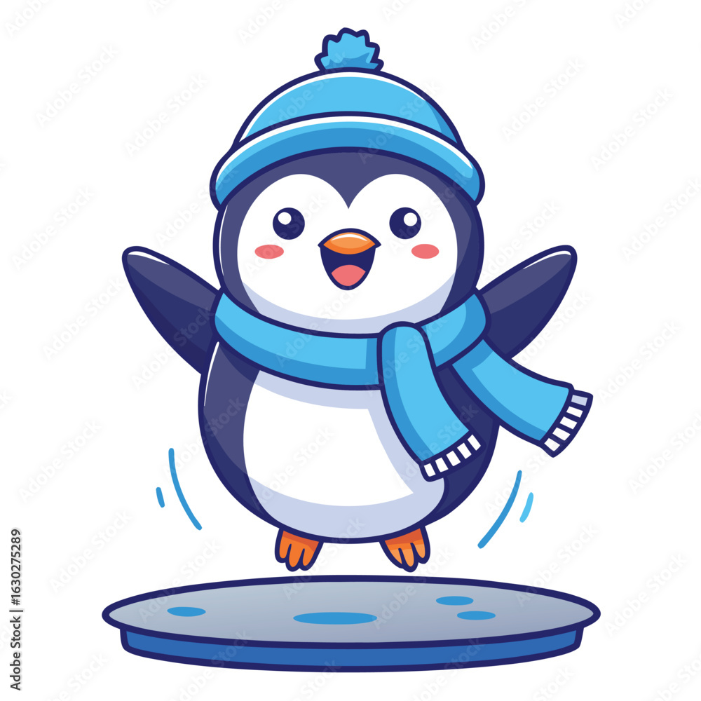 Naklejka premium Adorable chubby baby penguin in blue winter clothes