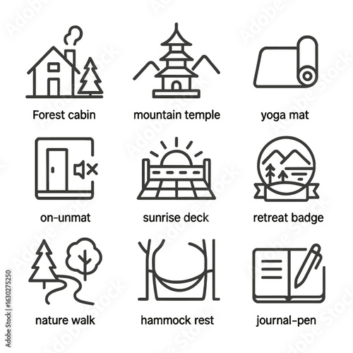 Peaceful Retreat Icons. Outline icon set of peaceful retreats: forest cabin, mountain temple, yoga mat, silent room, sunrise deck,