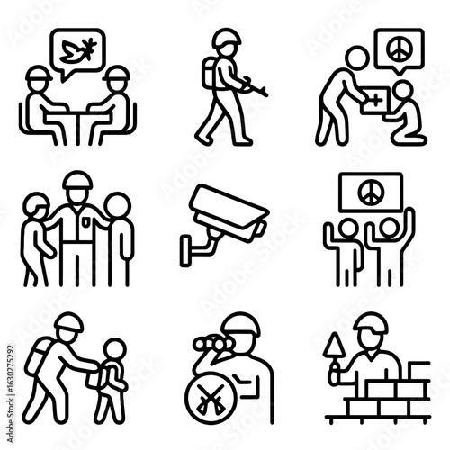 Peacekeeping Icon Set. Outline icon set of peacekeeping activities: negotiation, patrol, humanitarian aid, conflict mediation,