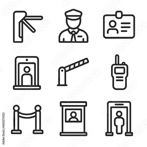 Pedestrian Checkpoint Icons. Outline icon set of pedestrian checkpoints: turnstile, security guard, ID card, scanner, barrier gate