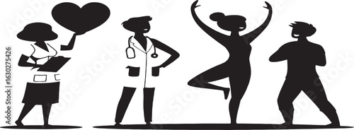 Flat character set: nurse, doctor, athlete, yoga trainer holding heart symbol – awareness role