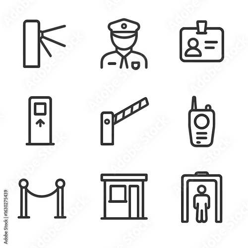Pedestrian Checkpoint Icons. Outline icon set of pedestrian checkpoints: turnstile, security guard, ID card, scanner, barrier gate