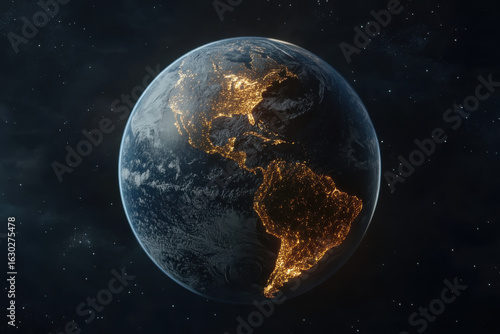 Planet Earth rotating in space showing North and South America at night