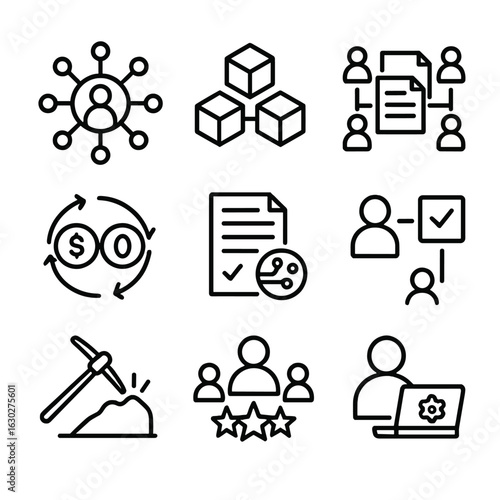 Peer-to-Peer Icon Set. Outline icon set of peer-to-peer concepts: decentralization, blockchain, distributed ledger, consensus,