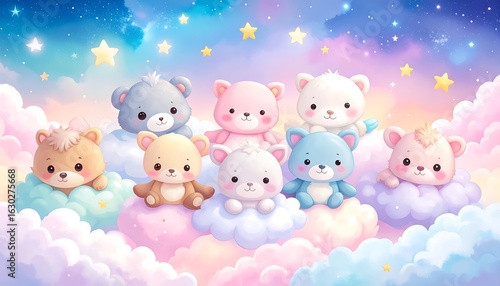 Cute animals on fluffy clouds in the night sky
