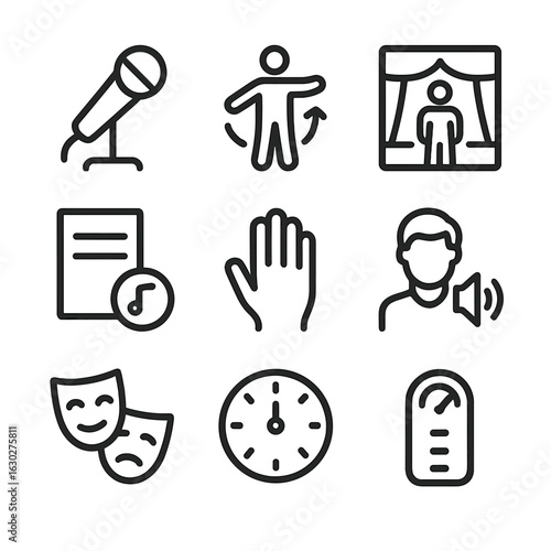 Performance Training Icons Set. Outline icon set of performance training: vocal warm-up, movement guide, practice stage,