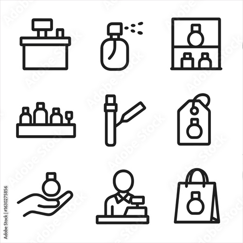 Perfume Icons Set. Outline icon set of perfume retail icons: store counter, tester spray, shelf display, scent bar, perfume sample