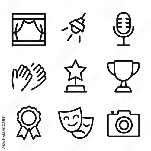 Performance Icon Set. Outline icon set of clapping and performance: stage, spotlight, microphone, applause, award, trophy, ribbon,