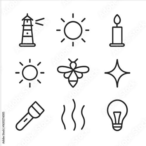 Perpetual Light Icons. Outline icon set of perpetual light: lighthouse, glowing orb, candle flame, sunburst, firefly, star light,