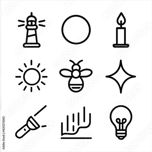 Perpetual Light Icons. Outline icon set of perpetual light: lighthouse, glowing orb, candle flame, sunburst, firefly, star light,