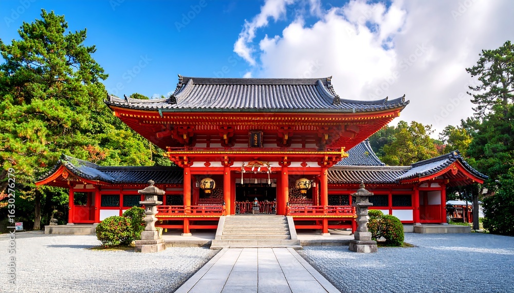 Fototapeta premium Beautiful Japanese Temple with Vibrant Red Architecture and Tranquil Surroundings