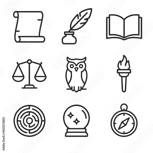 Philosophical Nature Icons. Outline icon set of philosophical truth: ancient scroll, quill pen, open book, owl, scales, torch,